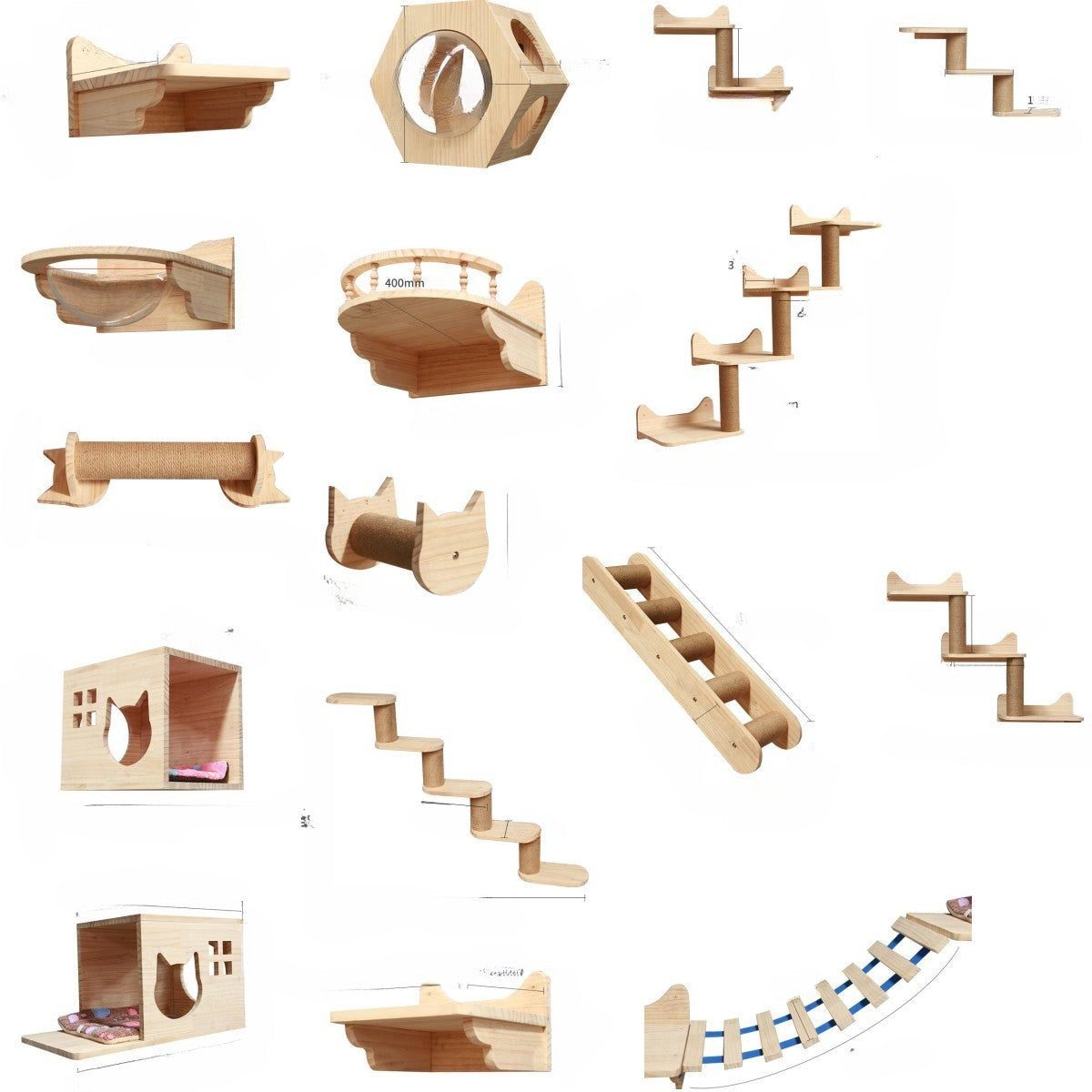 Wall Climbing Frame For Cats With Suspended Platform And Ladder