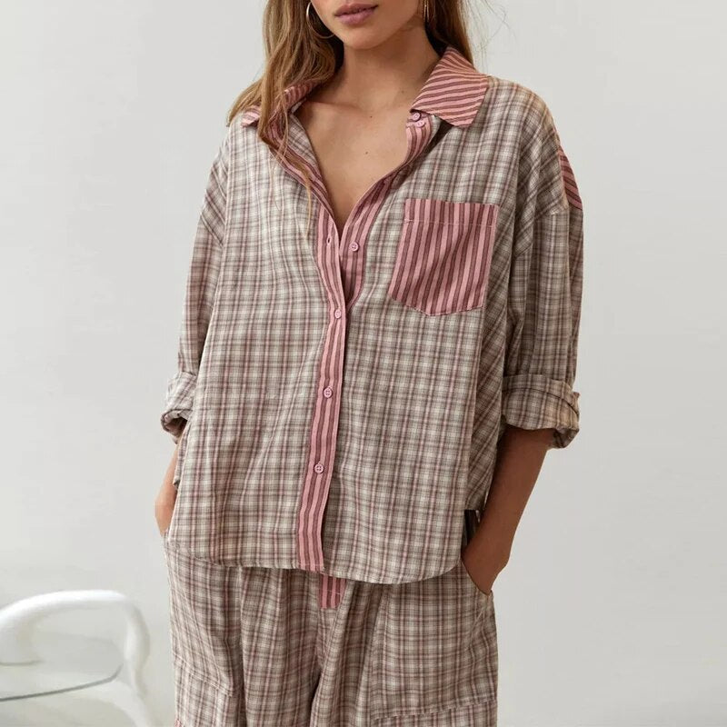 Charlotte | Pyjamas Komfortabel Chic Med Striber Og Tern 