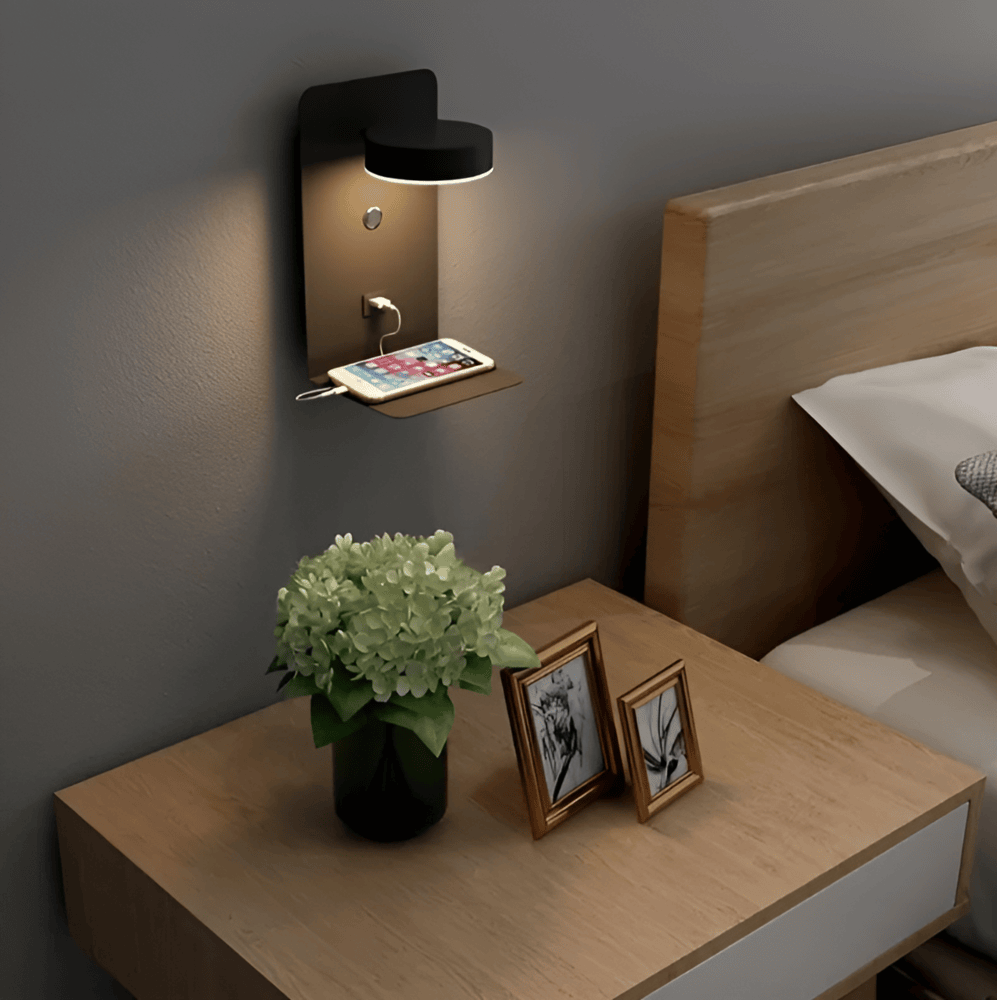 Lampă de perete cu led cu raft și port USB - Design modern și funcție 2 în 1